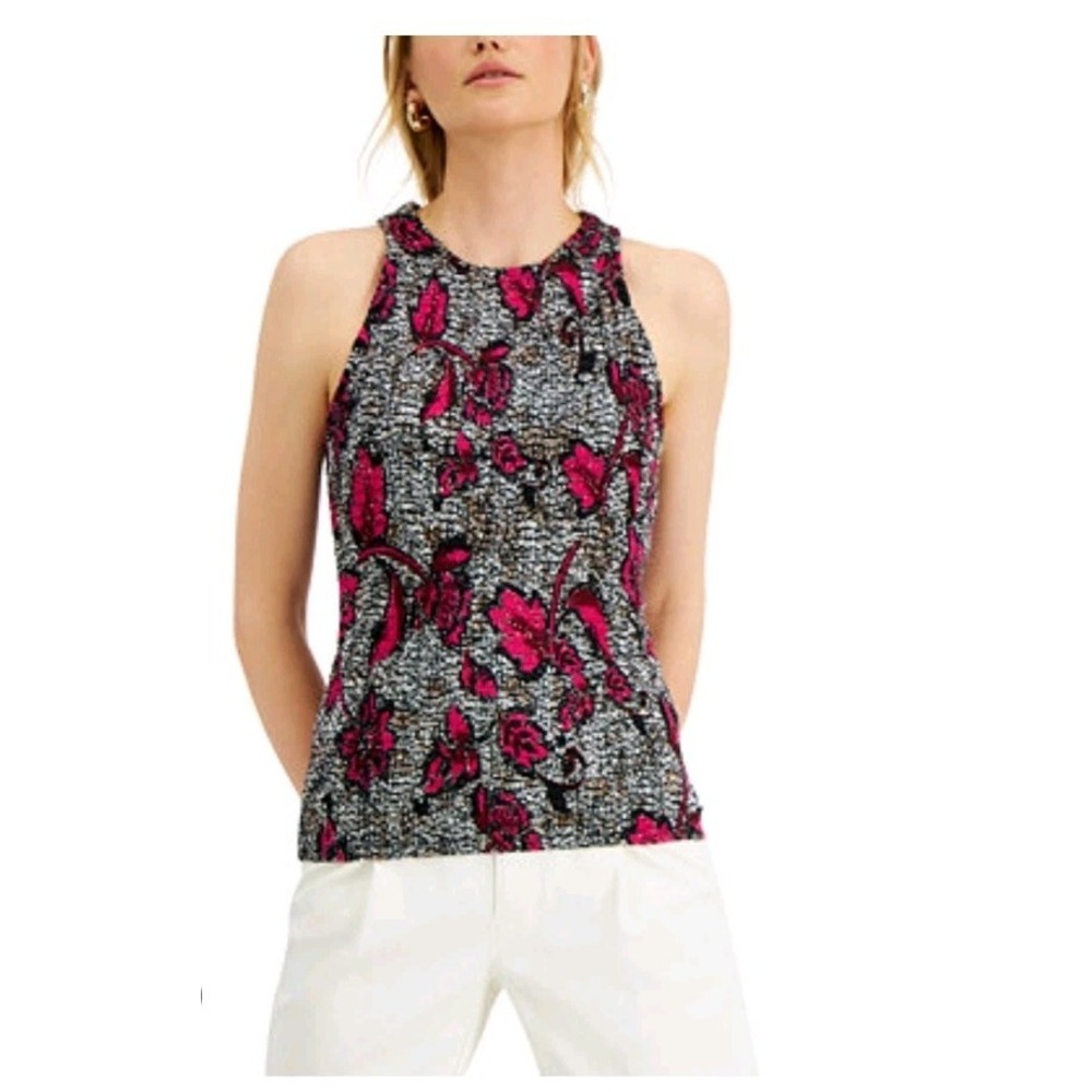 INC Floral Smocked High Neck Sleeveless Top Pink Black White Keyhole Back L